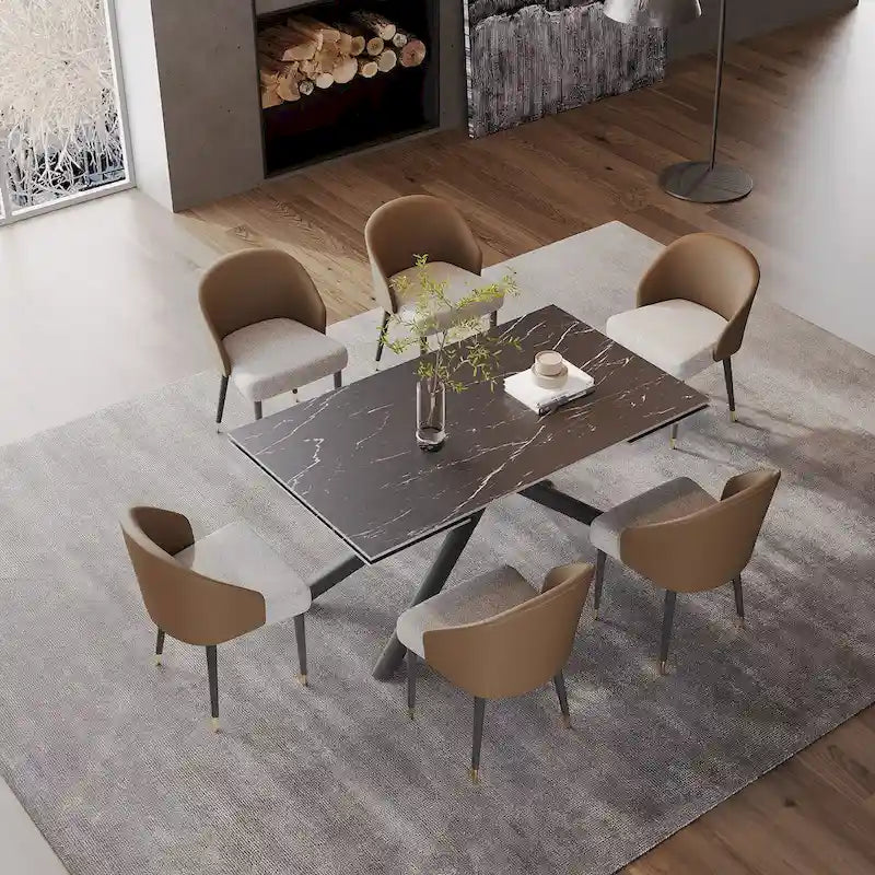 Set da pranzo rettangolare allungabile a 9 pezzi in pietra sinterizzata con gambe incrociate e 8 sedie per casa o villa