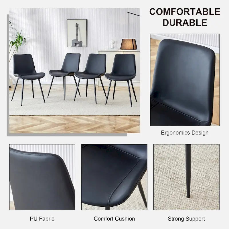 Artificial Leather Backrest Cushion Dining Chair, Black Metal Legs, Curved Widened Cushion Design for more comfort(6 chairs)
