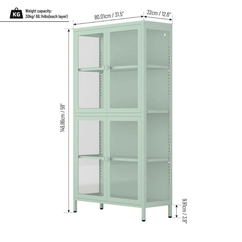 Mobile contenitore con quattro ante in vetro, ripiani regolabili e piedini, in acciaio laminato a freddo