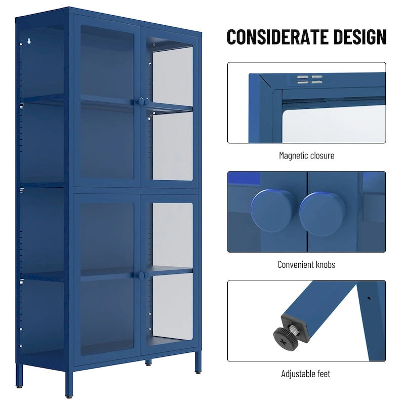 Four Glass Door Storage Cabinet with Adjustable Shelves and Feet Cold-Rolled Steel Sideboard Furniture