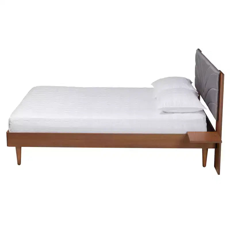 Baxton Studio Hemera Fabric and Wood Platform Bed with Floating Side Table Gray/Walnut Brown