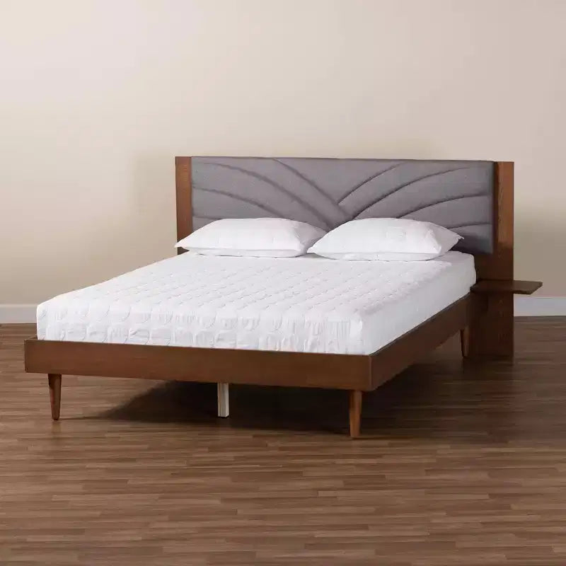 Baxton Studio Hemera Fabric and Wood Platform Bed with Floating Side Table Gray/Walnut Brown