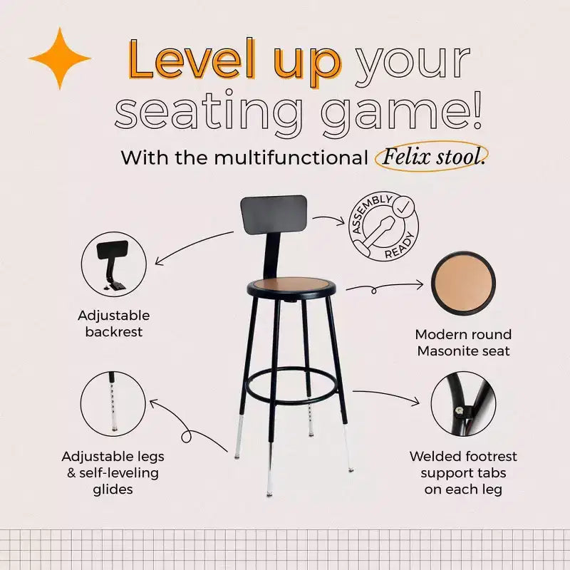 Hampden Furnishings 25-33" Felix Collection Steel Counter Height Barstool with Backrest