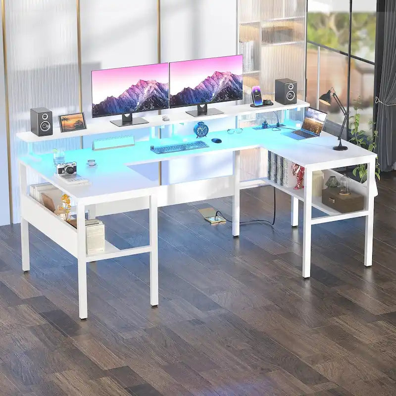 Scrivania da Gaming a U Reversibile Tavolo Computer Monitor con Porte USB e Luci LED