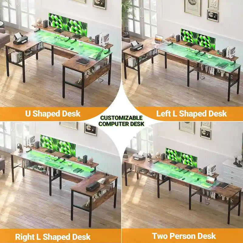U-Shape Reversible Gaming Desk Monitor Computer Table with USB Ports and LED Lights