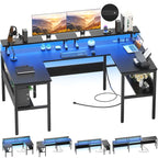 U-Shape Reversible Gaming Desk Monitor Computer Table with USB Ports and LED Lights