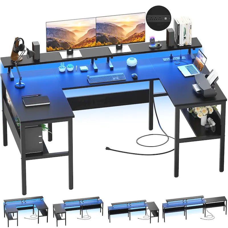 U-Shape Reversible Gaming Desk Monitor Computer Table with USB Ports and LED Lights
