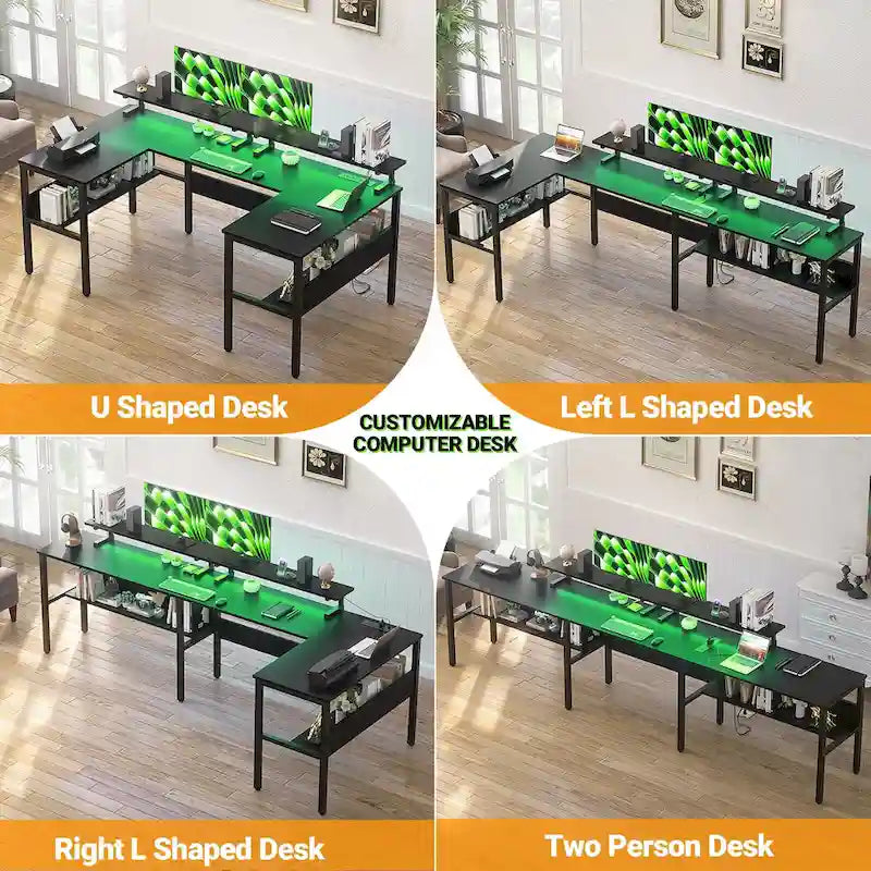 U-Shape Reversible Gaming Desk Monitor Computer Table with USB Ports and LED Lights