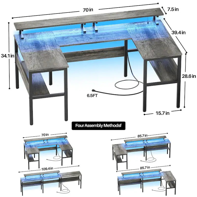 U-Shape Reversible Gaming Desk Monitor Computer Table with USB Ports and LED Lights