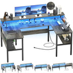U-Shape Reversible Gaming Desk Monitor Computer Table with USB Ports and LED Lights