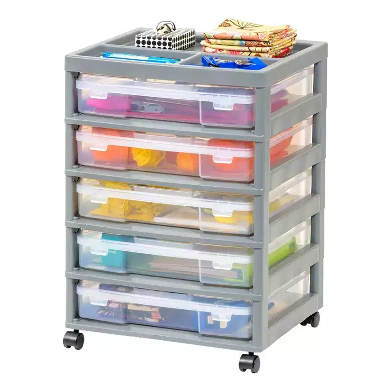 IRIS 5 Drawers Scrapbook Plastic Rolling Storage Cart with Organizer Top with Casters