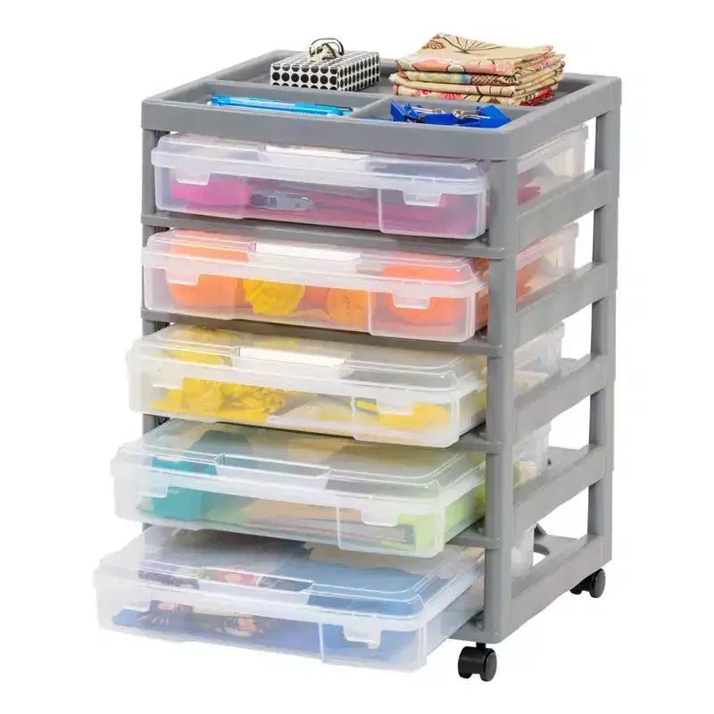 IRIS 5 Drawers Scrapbook Plastic Rolling Storage Cart with Organizer Top with Casters
