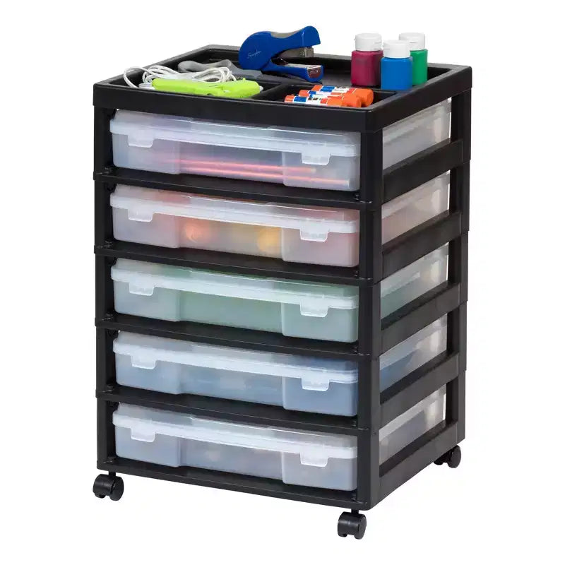 IRIS 5 Drawers Scrapbook Plastic Rolling Storage Cart with Organizer Top with Casters