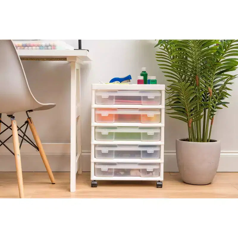 IRIS 5 Drawers Scrapbook Plastic Rolling Storage Cart with Organizer Top with Casters