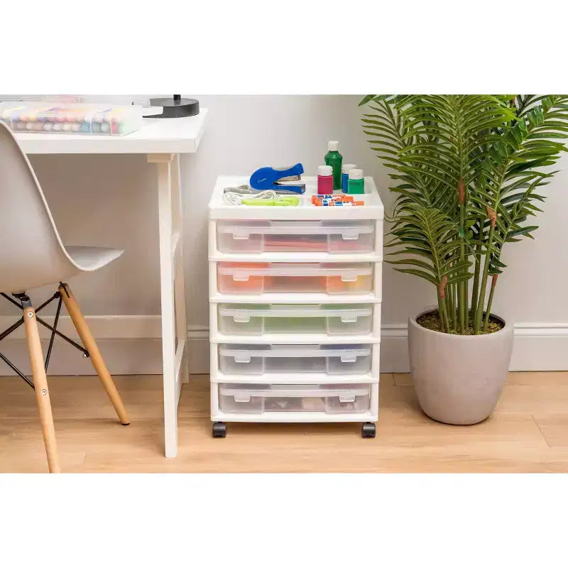 IRIS 5 Drawers Scrapbook Plastic Rolling Storage Cart with Organizer Top with Casters