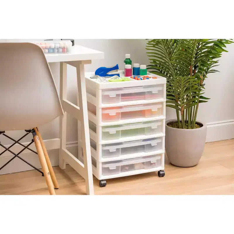 IRIS 5 Drawers Scrapbook Plastic Rolling Storage Cart with Organizer Top with Casters