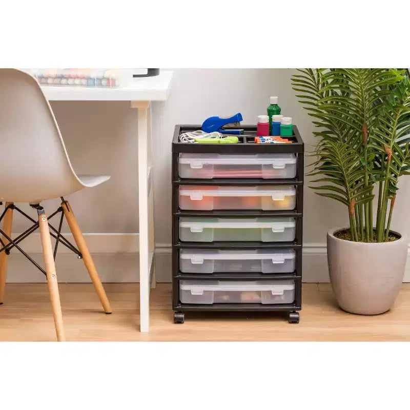 IRIS 5 Drawers Scrapbook Plastic Rolling Storage Cart with Organizer Top with Casters