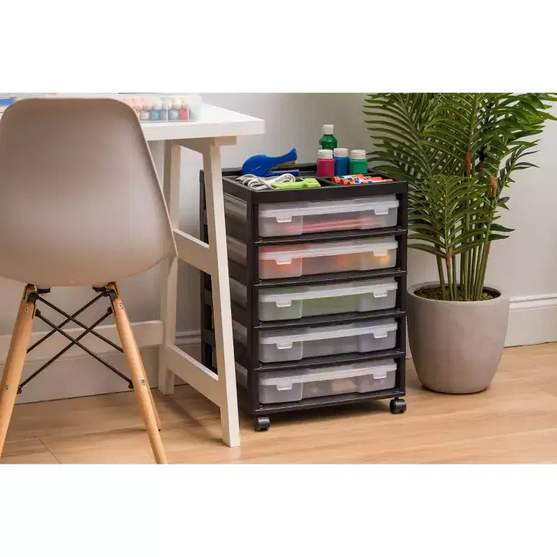 IRIS 5 Drawers Scrapbook Plastic Rolling Storage Cart with Organizer Top with Casters