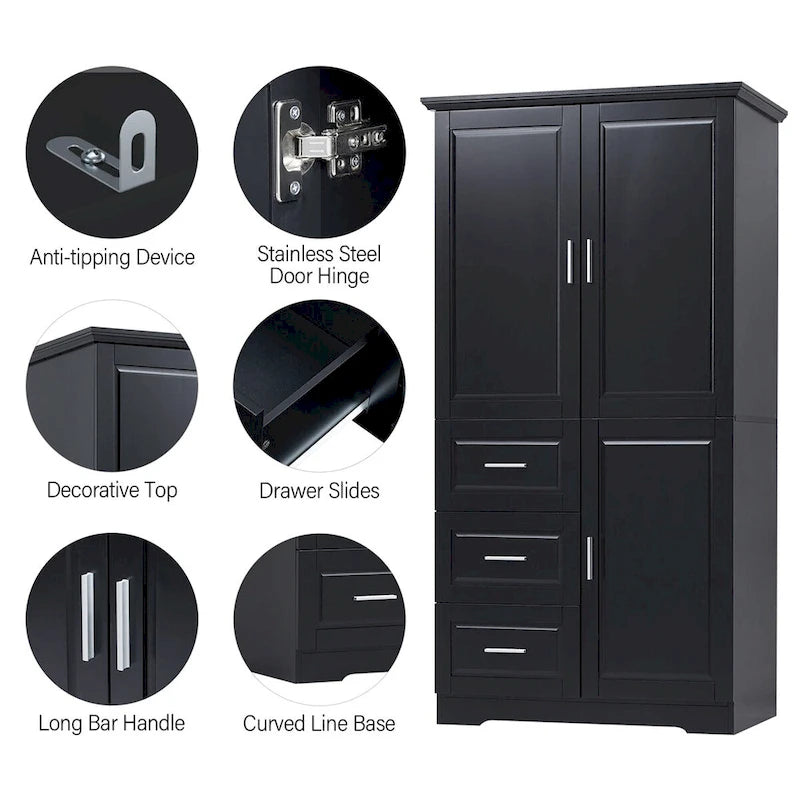 Tall and Wide Storage Cabinet with Doors for Bathroom,Three Drawers
