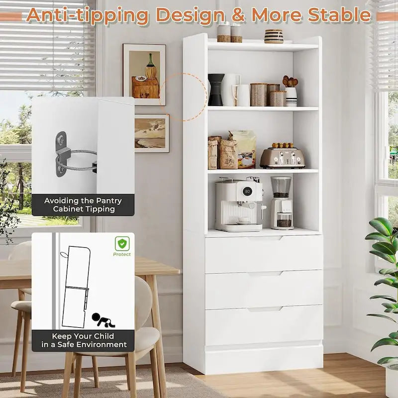 Kitchen Storage Cabinet Bookcase 3 Drawers Open Shelves - N/A