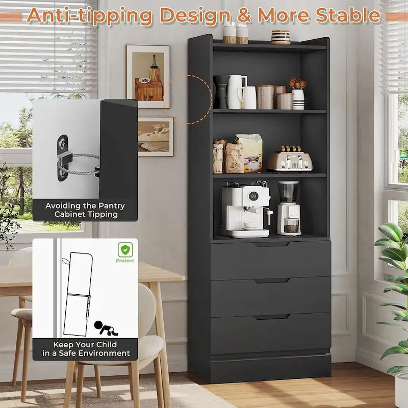 Kitchen Storage Cabinet Bookcase 3 Drawers Open Shelves - N/A