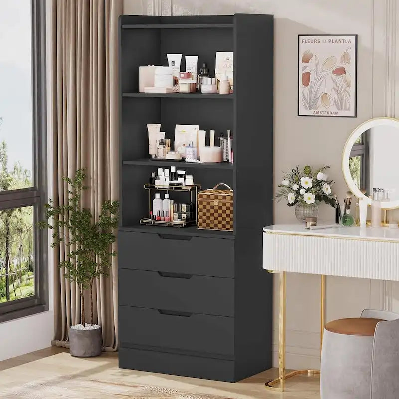 Kitchen Storage Cabinet Bookcase 3 Drawers Open Shelves - N/A