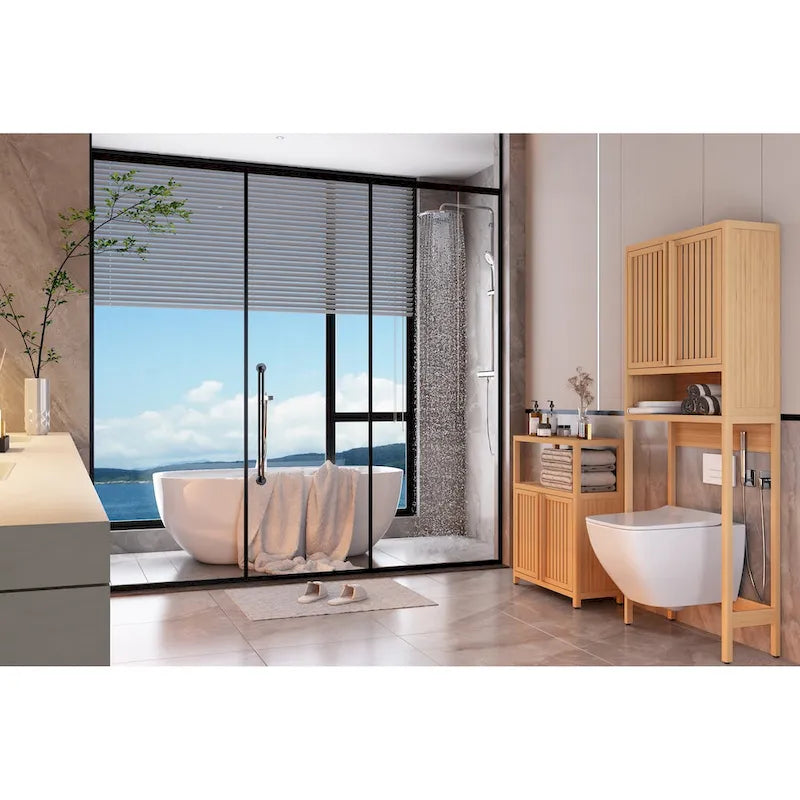 Mobiletto contenitore in bambù, mobiletto bagno indipendente con 2 ante a persiana, mobiletto a pavimento