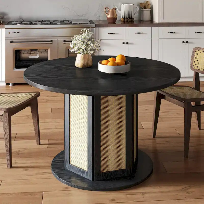 Tavolo da pranzo rotondo con piedistallo Moasis Farmhouse per 4 persone con base circolare in rattan