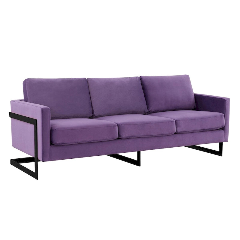Leisuremod Lincoln Divano a 3 posti imbottito in velluto con base in acciaio inossidabile nero