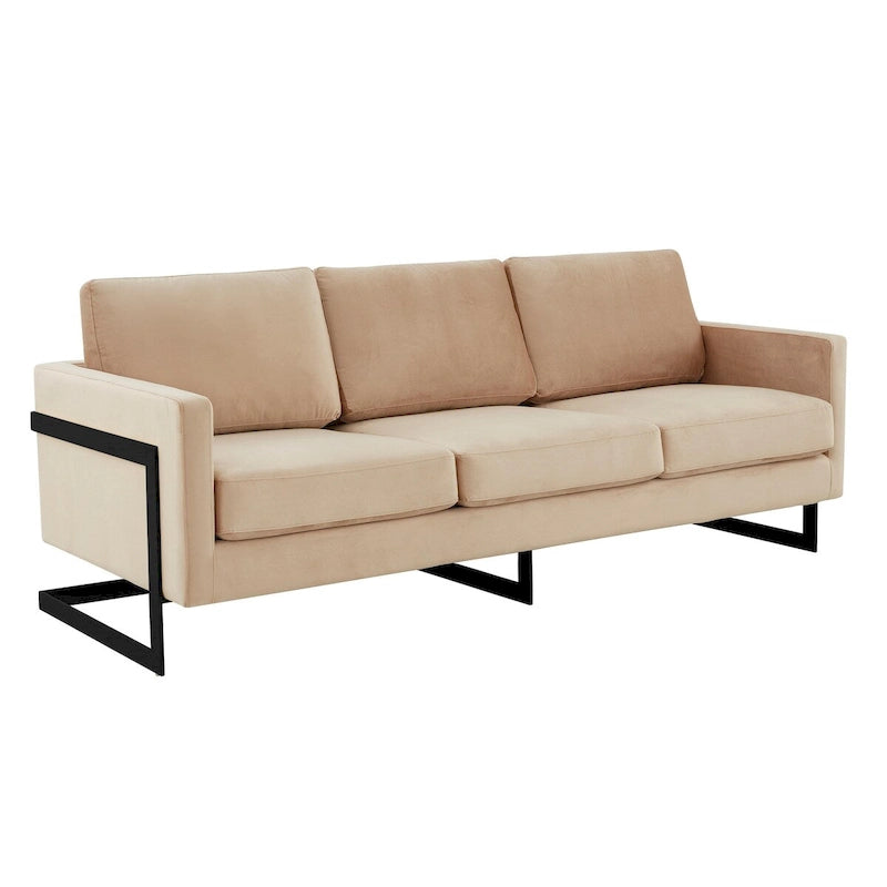 Leisuremod Lincoln Divano a 3 posti imbottito in velluto con base in acciaio inossidabile nero