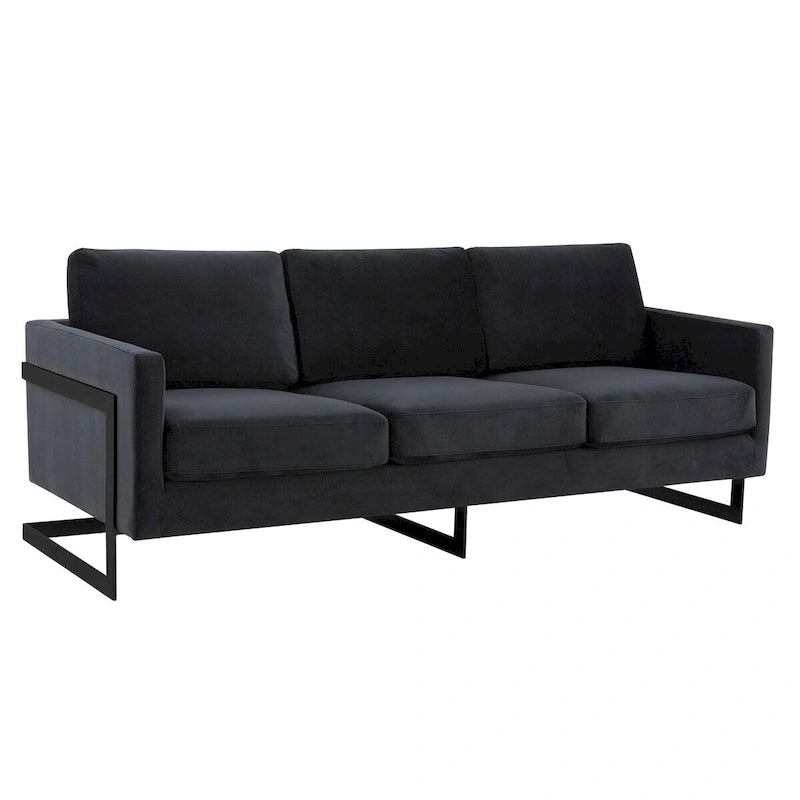 Leisuremod Lincoln Divano a 3 posti imbottito in velluto con base in acciaio inossidabile nero