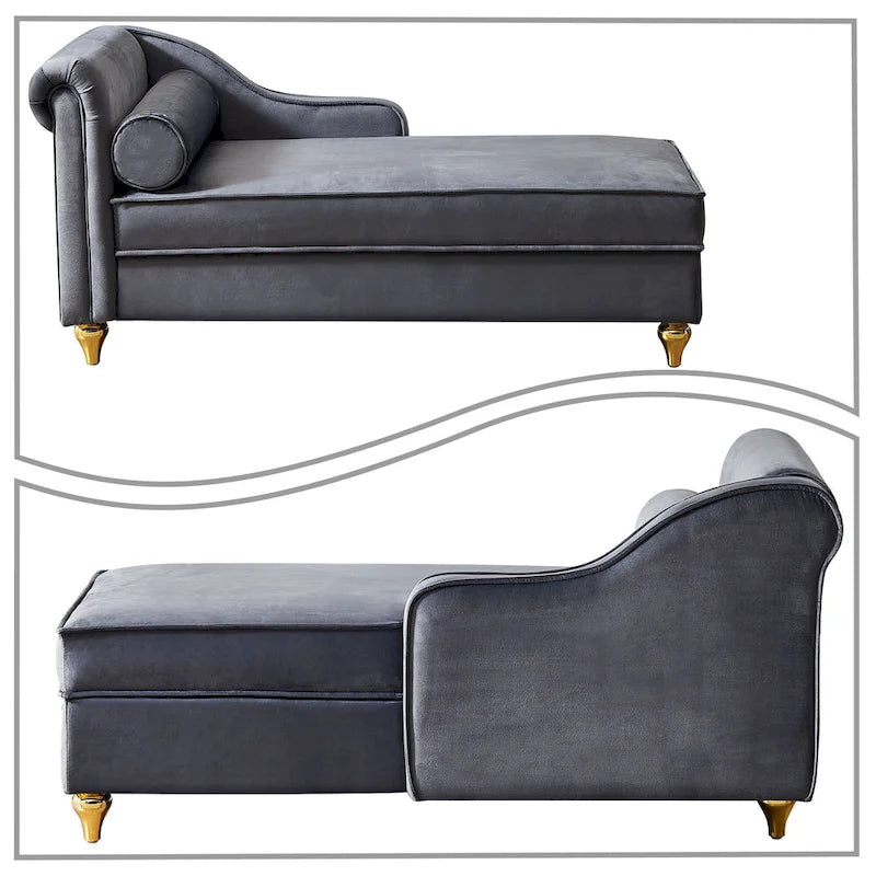 French Elegant Velvet Upholstered Storage Chaise Lounge Chair with a Pillow
