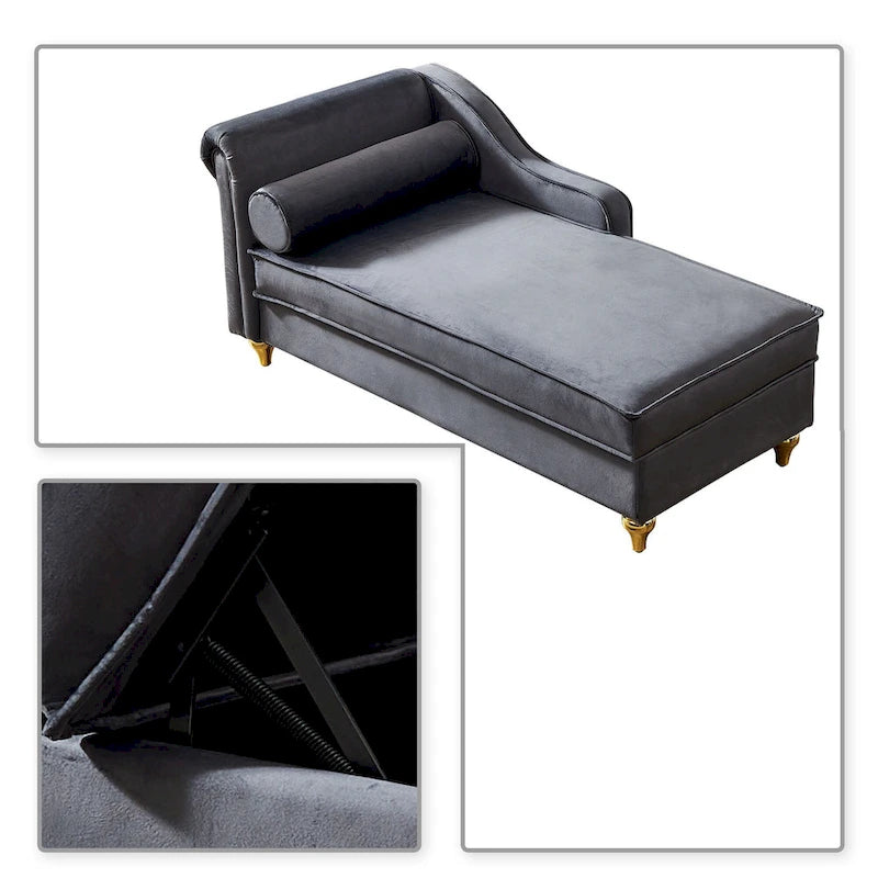 French Elegant Velvet Upholstered Storage Chaise Lounge Chair with a Pillow
