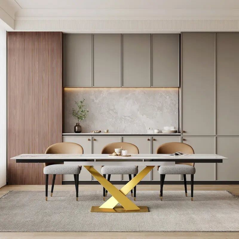 9 - Piece 94.48 Rectangular Extendable Sintered Stone Dining Table with 8 Faux leather Chairs Dining Set