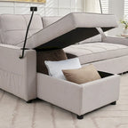 Linen Sleeper Sofa with Push-out Sofa Bed, Extra Storage Space, Phone Holder & USB Charger