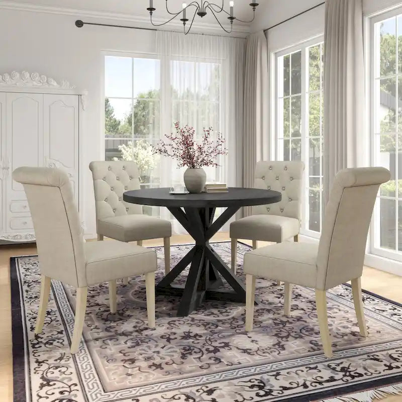 Roundhill Furniture Banff Set da Pranzo Rotondo da 5 Pezzi, Tavolo Rotondo con Base a Croce e 4 Sedie Trapuntate