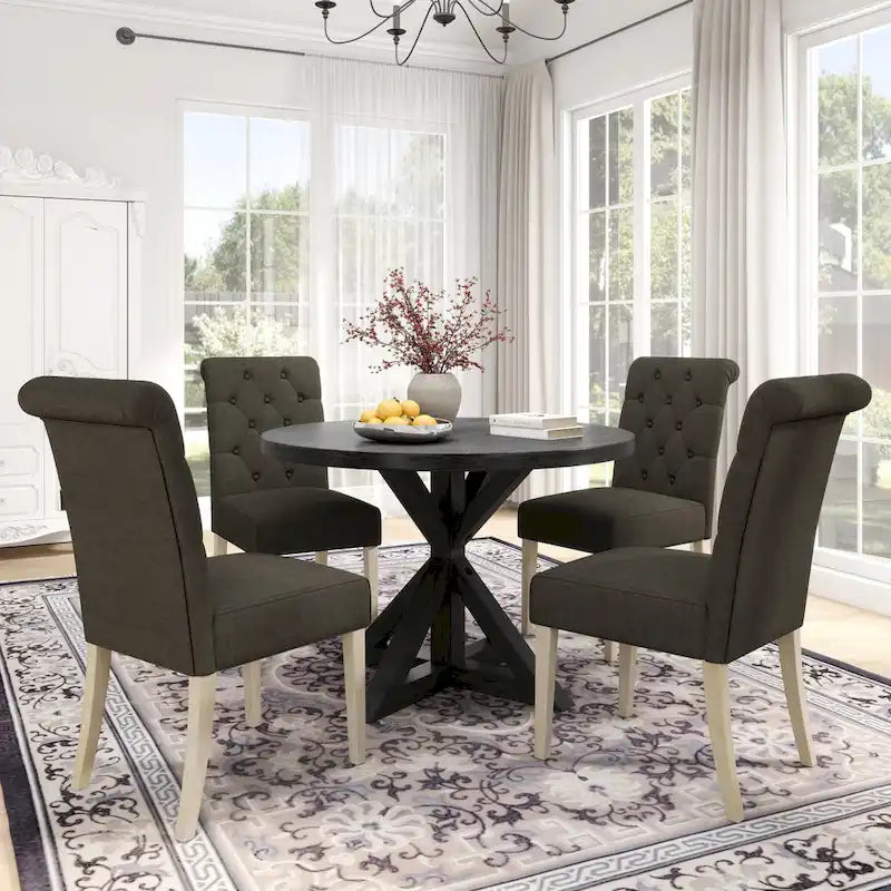 Roundhill Furniture Banff Set da Pranzo Rotondo da 5 Pezzi, Tavolo Rotondo con Base a Croce e 4 Sedie Trapuntate