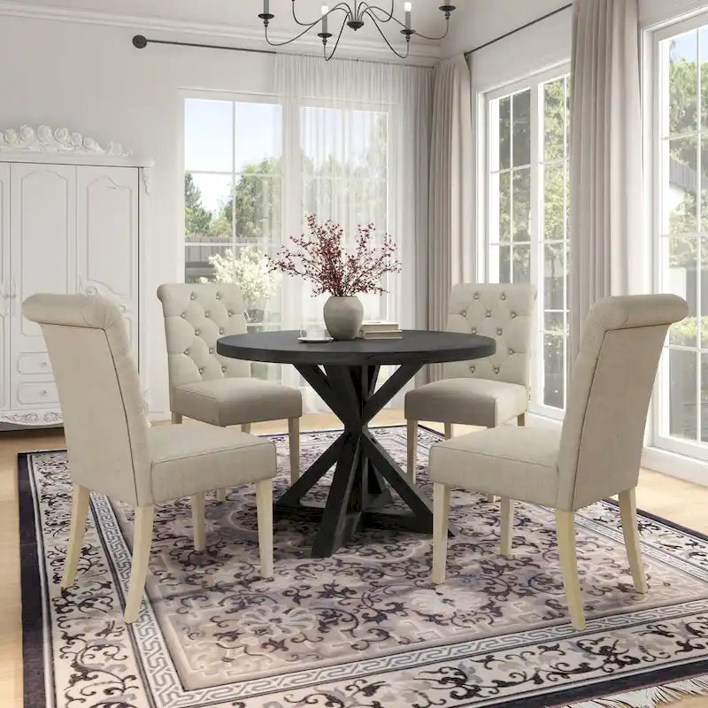 Roundhill Furniture Banff Set da Pranzo Rotondo da 5 Pezzi, Tavolo Rotondo con Base a Croce e 4 Sedie Trapuntate