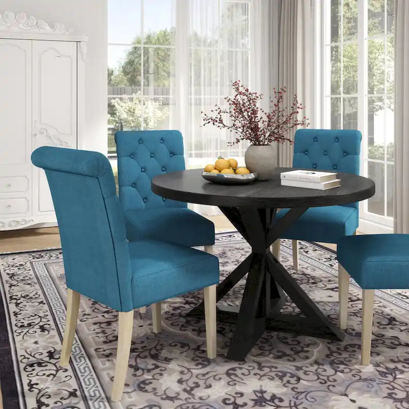 Roundhill Furniture Banff Set da Pranzo Rotondo da 5 Pezzi, Tavolo Rotondo con Base a Croce e 4 Sedie Trapuntate
