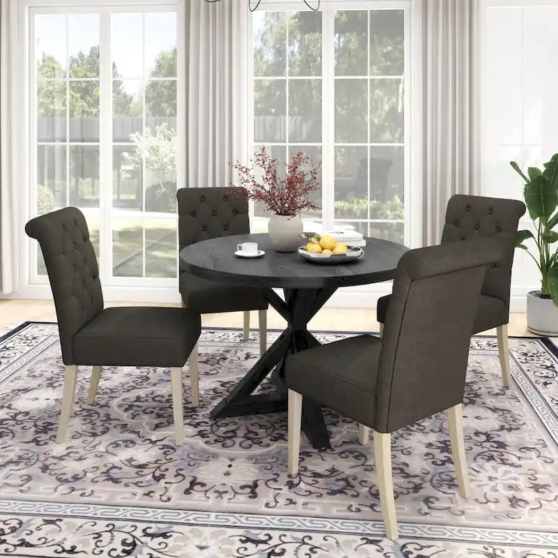 Roundhill Furniture Banff Set da Pranzo Rotondo da 5 Pezzi, Tavolo Rotondo con Base a Croce e 4 Sedie Trapuntate