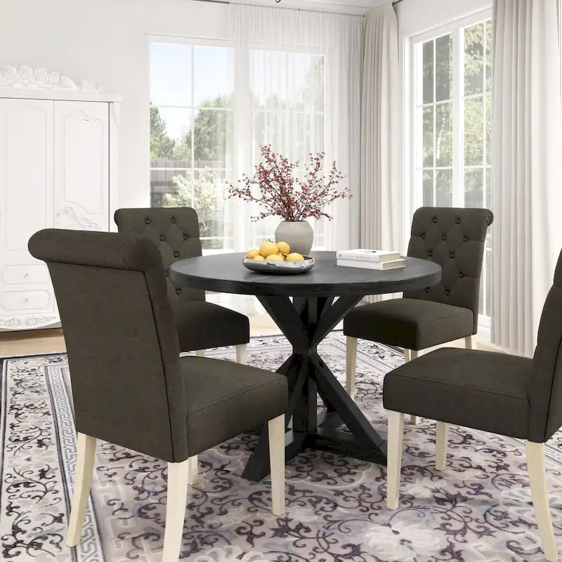 Roundhill Furniture Banff Set da Pranzo Rotondo da 5 Pezzi, Tavolo Rotondo con Base a Croce e 4 Sedie Trapuntate