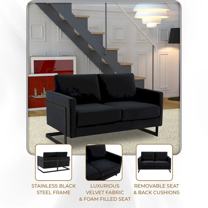 Upholstered Loveseat Sofa in Velvet Fabric with Removable Cushions and Stainless Steel Frame