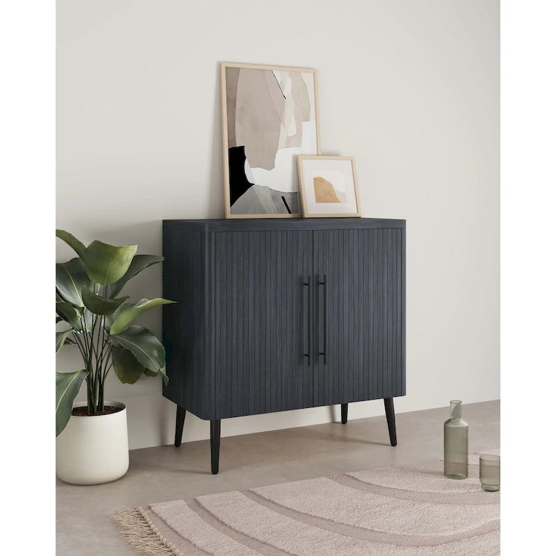 Wood Ribbed Accent Cabinet with Black Metal Legs - 32 inch TV Stand