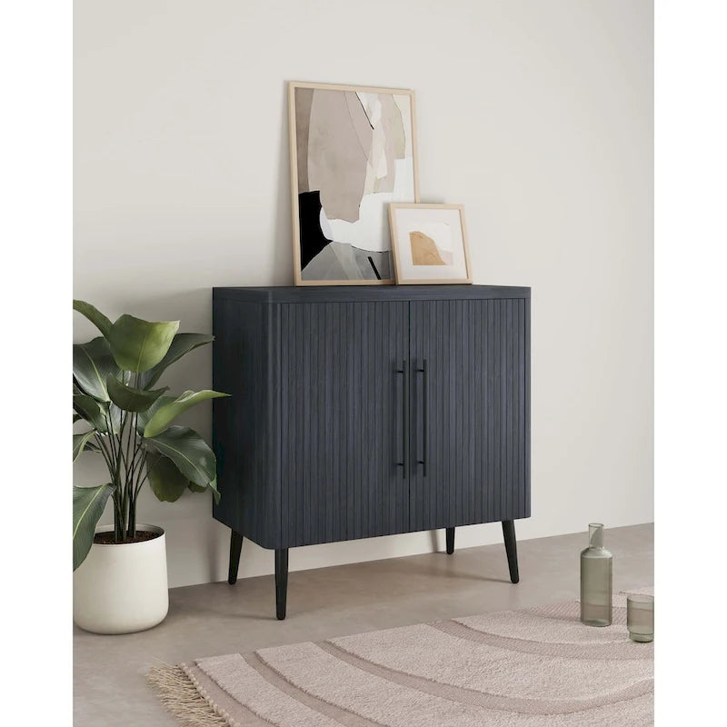 Wood Ribbed Accent Cabinet with Black Metal Legs - 32 inch TV Stand