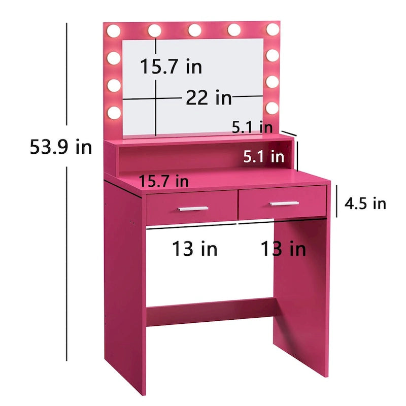 Roomfitters Toeletta Trucco con Luci, Scrivania da Trucco con 2 Cassetti, Tavolo da Trucco con Specchio, Scrivania da Trucco con Contenitore