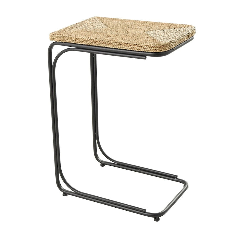 Dried Plant Handmade Coiled C-Shaped Side End Accent Table with Black Metal Legs - Brown - Roche River Decor