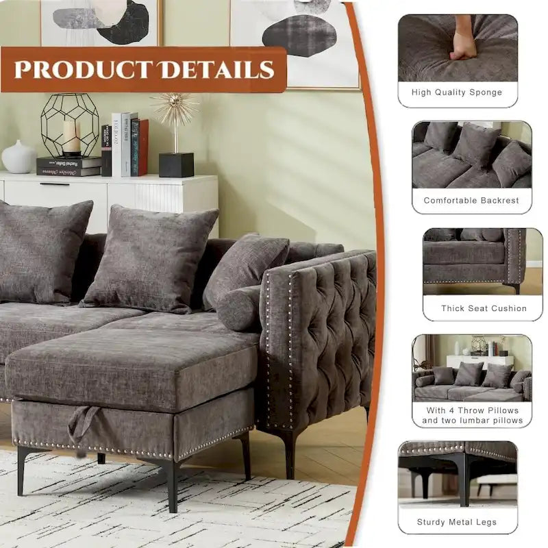 Modern Convertible Tufted Chenille L Shaped Sectional Sofa