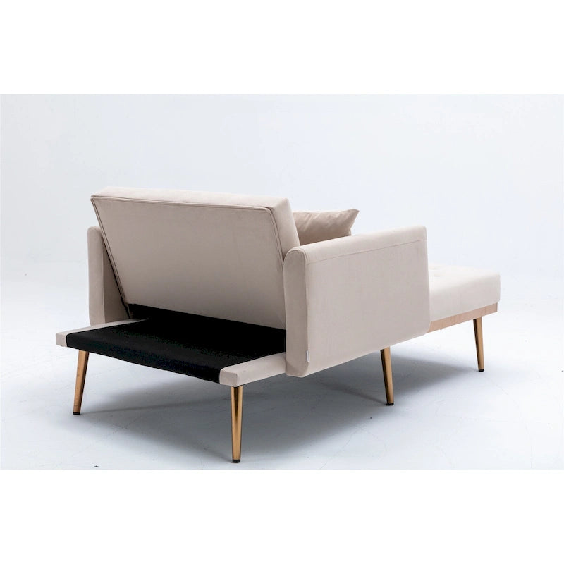 Divano letto-poltrona in velluto trapuntato con piedini color oro rosa per salotto