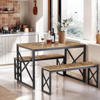 VECELO Tavolo da Pranzo 3 Pezzi con Panca, Set Tavolo da Pranzo per 4-6 Posti, Tavolo da Cucina con 2 Panche, Set Tavolo da Pranzo