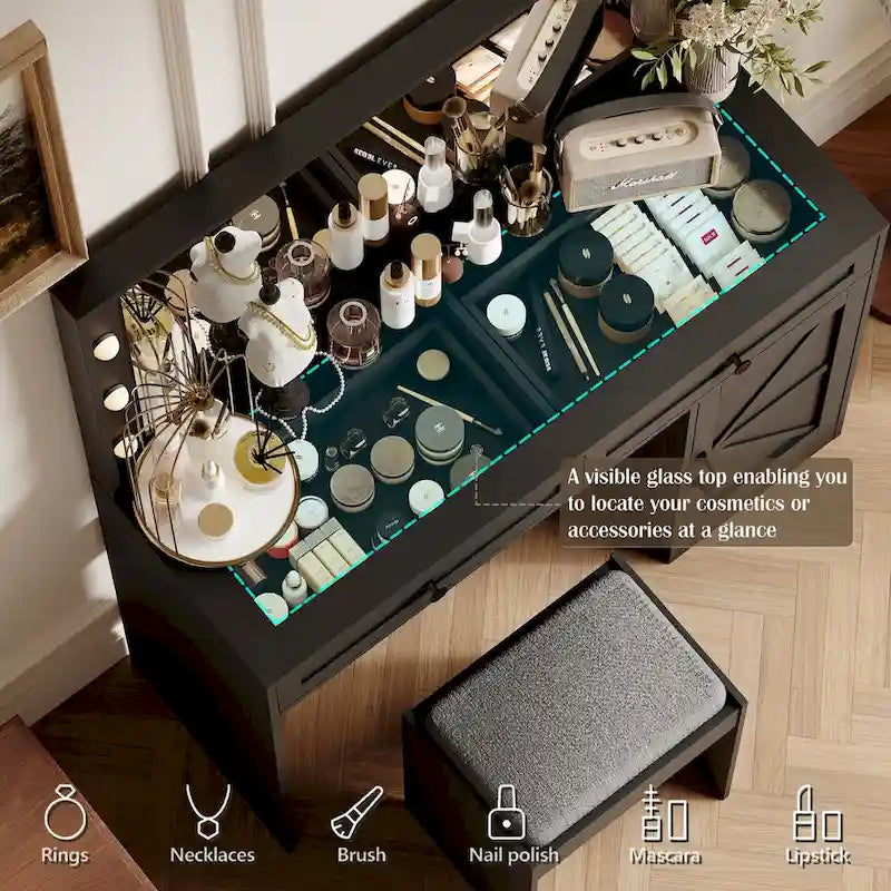 Roomfitters Toilette da Trucco Rustica con Luci, Scrivania con Specchio Illuminato e Anta a Scorrimento, Tavolo da Trucco con 2 Cassetti